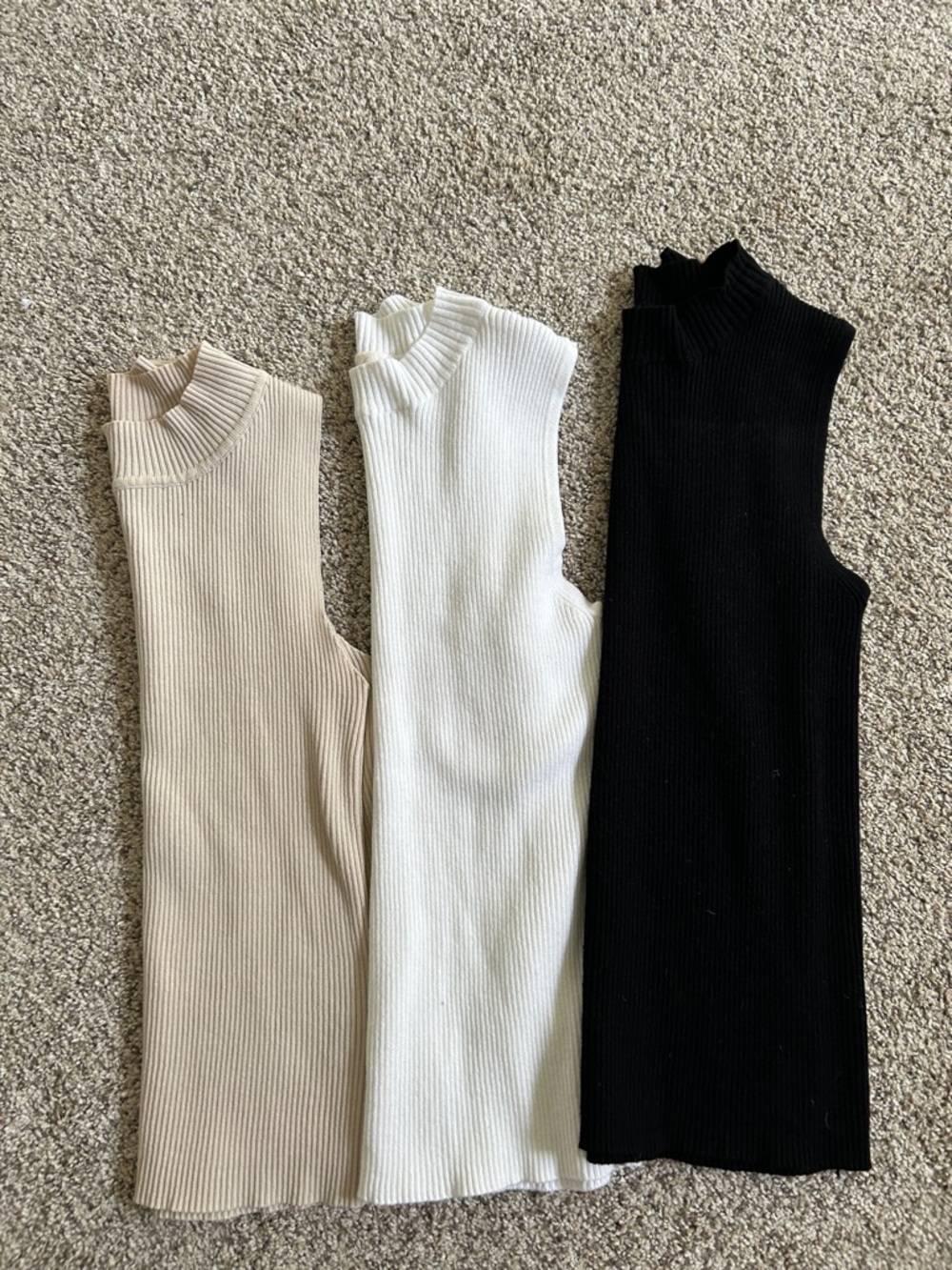 Ribbed Mock Neck Sleeveless Tops - Beige, White, Black